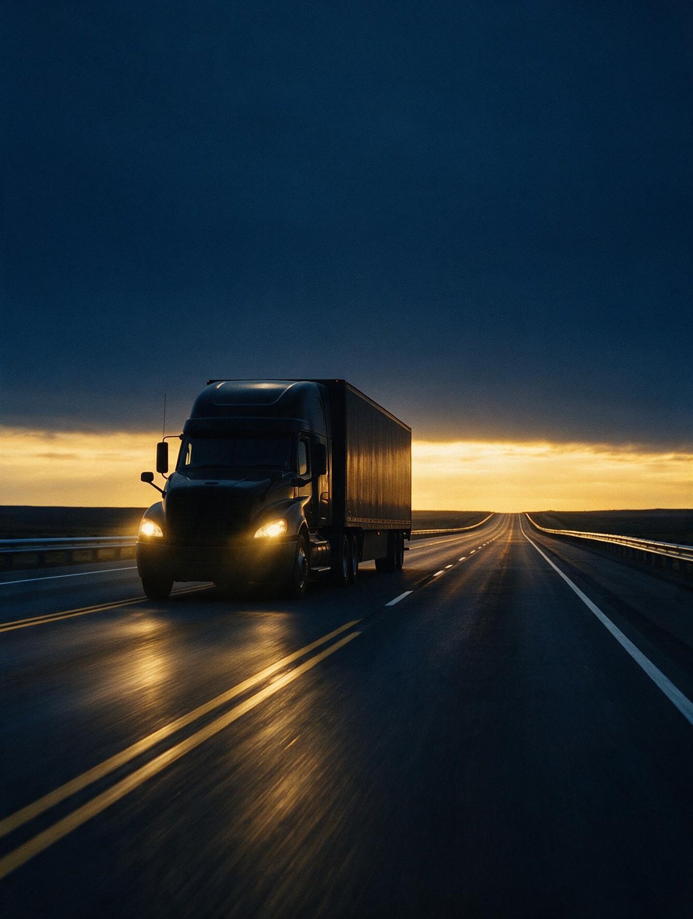 A semi truck rolling down an open interstate at dusk, headlights on against the last gold of the horizon